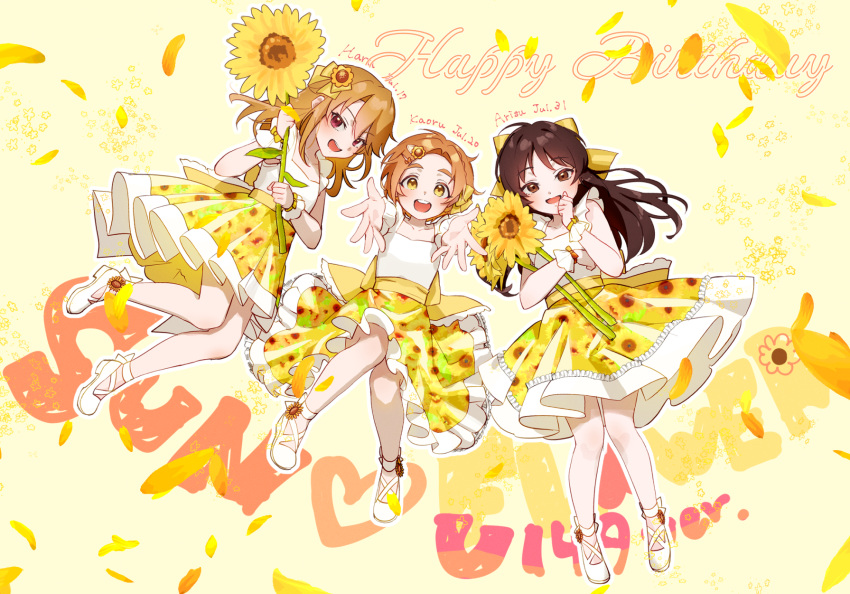 3girls, alternate_costume, anniversary, back_bow, birthday, blush, bow, brown_eyes