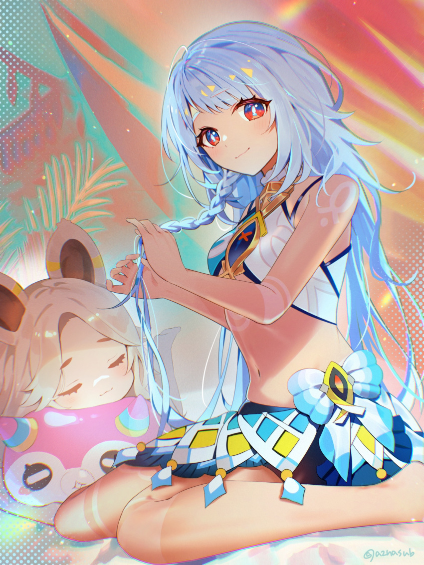 2girls, alternate_hairstyle, azna, blue_eyes, blue_hair, body_markings, breasts, chinchilla_ears