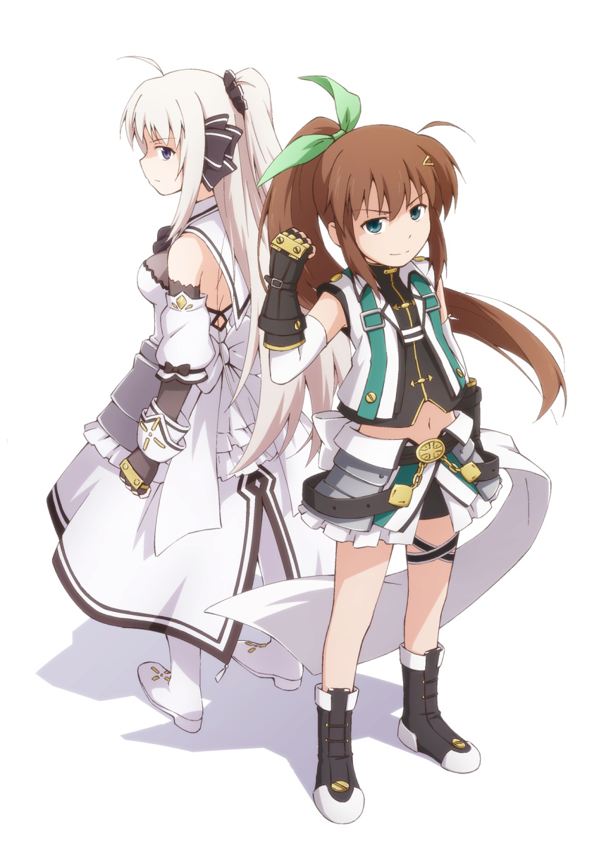 2girls, armored_skirt, back-to-back, belt, bike_shorts, black_belt, black_footwear, black_gloves