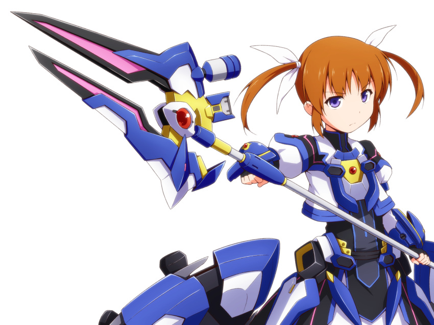 1girl, armor, armored_dress, black_gloves, blue_eyes, bracer, brown_hair, closed_mouth, dress, fingerless_gloves, fortress_(nanoha), frown, gloves, hair_ribbon, highres, holding, holding_staff, jacket, juliet_sleeves, long_sleeves, looking_at_viewer, lyrical_nanoha, magical_girl, mahou_shoujo_lyrical_nanoha, mahou_shoujo_lyrical_nanoha_reflection, mashita_(candy_apricot), puffy_sleeves, raising_heart, ribbon, short_hair, simple_background, solo, staff, standing, takamachi_nanoha, twintails, white_background, white_dress, white_jacket, white_ribbon