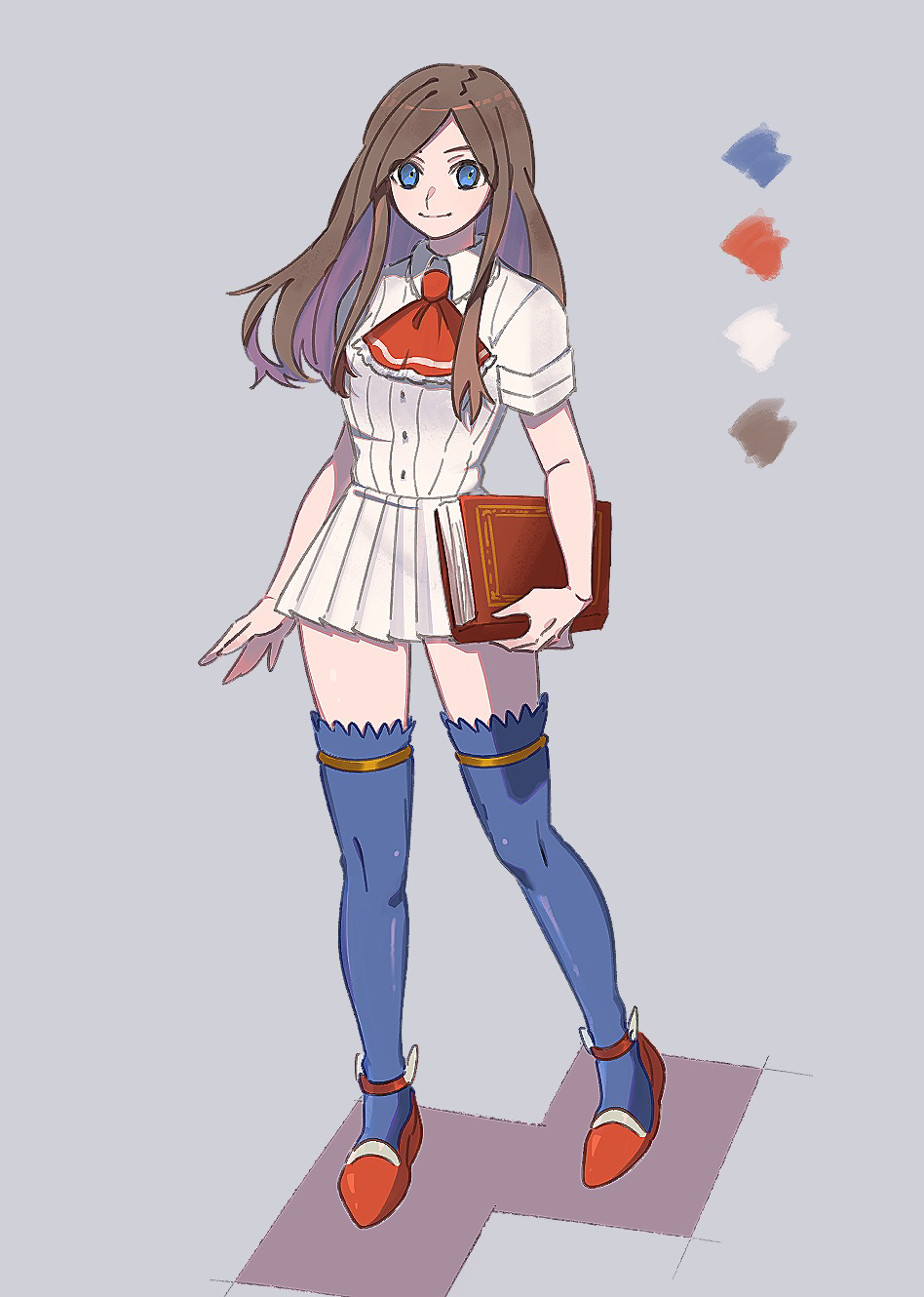 1girl, 6v6_1212, ascot, blue_eyes, blue_thighhighs, book, brown_hair, castlevania:_portrait_of_ruin