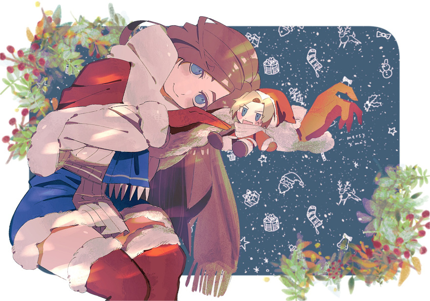 1boy, 1girl, 6v6_1212, bell, blonde_hair, blue_eyes, boots, brown_hair