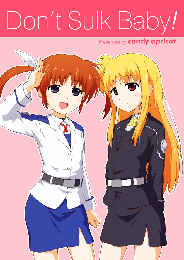 2girls, arms_behind_back, artist_name, belt, black_belt, black_jacket, black_skirt, blonde_hair