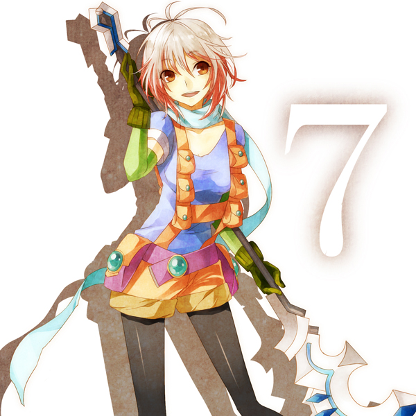 bad_id, brown_eyes, gloves, multicolored_hair, number, pantyhose, pascal, red_hair