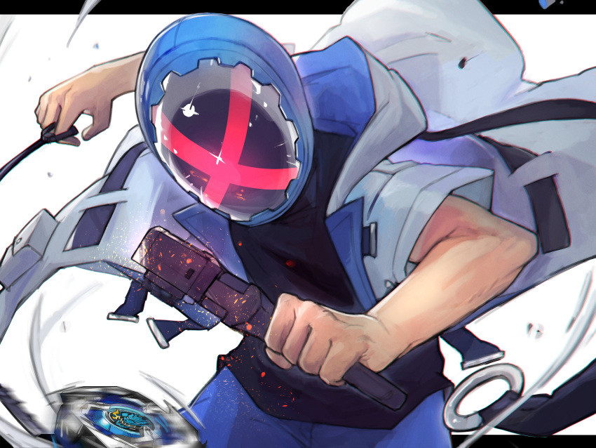 1boy, absurdres, arupg, beyblade, beyblade_(object), beyblade_x, black_border, black_shirt