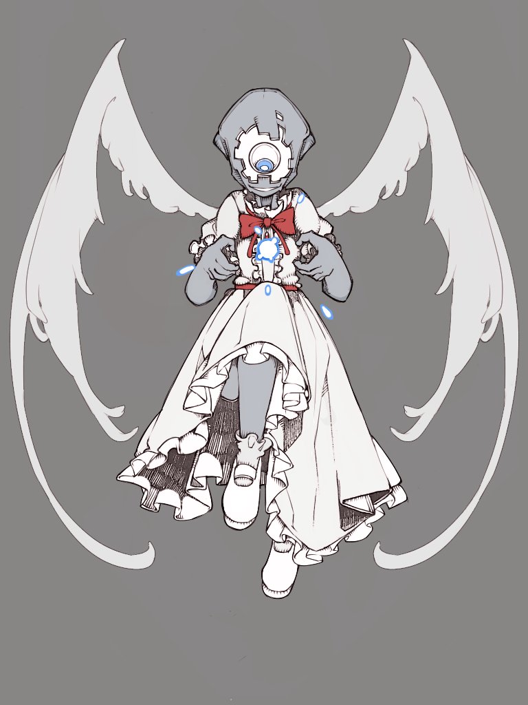 1girl, alien, angel_wings, bare_arms, blue_eyes, bolos, bow, bowtie