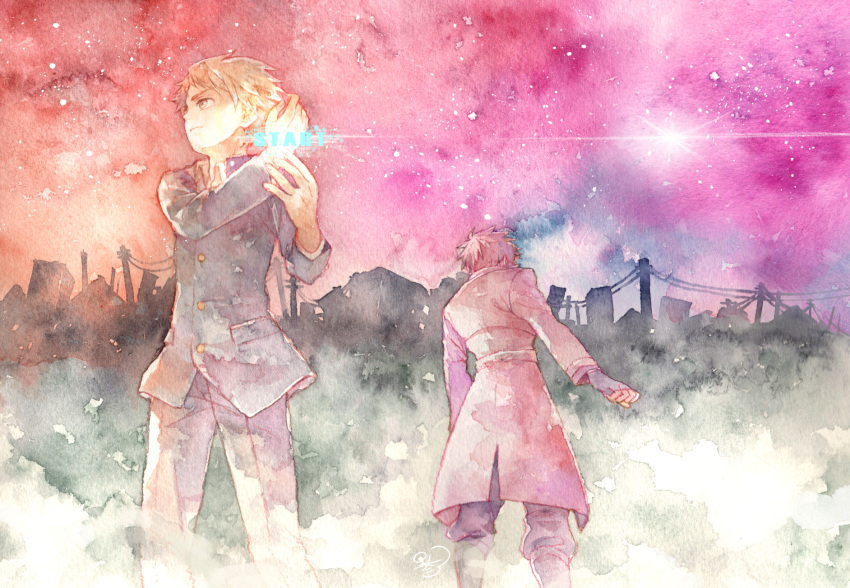 2boys, arms_up, building, city, cityscape, english_text, from_behind, gakuran
