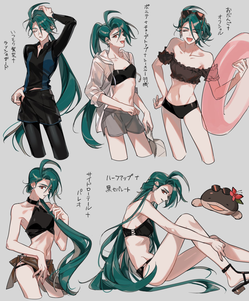 1girl, eyewear_on_head, hat, highres, jacket, low_ponytail, midriff, multiple_views