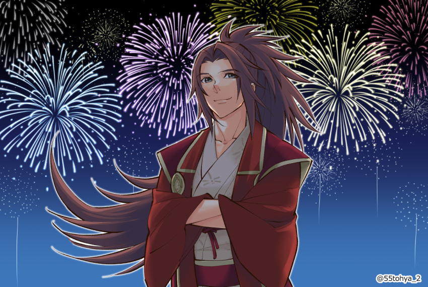 1boy, 55tohya, brown_eyes, brown_hair, crossed_arms, festival, fire_emblem, fire_emblem_fates, fire_emblem_heroes, fireworks, japanese_clothes, kimono, lobster, long_hair, male_focus, official_alternate_costume, ponytail, ryoma_(fire_emblem), ryoma_(hoshidan_summer)_(fire_emblem), solo, yukata