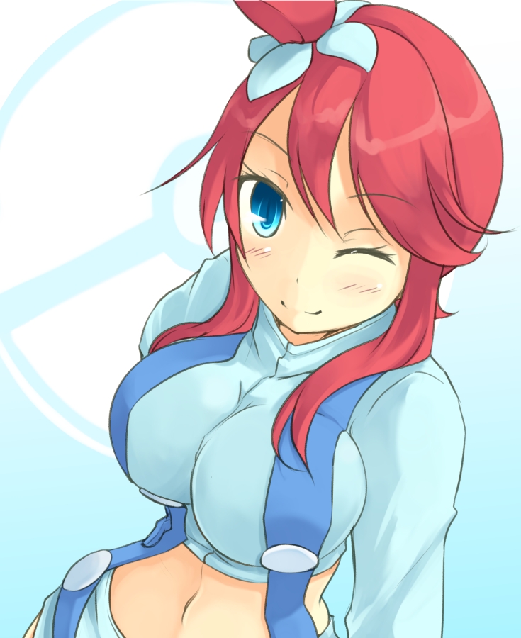 breasts, fuuro_(pokemon), gym_leader, hair_ornament, large_breasts, midriff, minitesu, navel