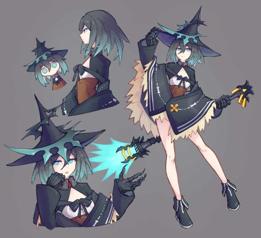 1girl, black_footwear, black_hair, black_hat, black_rock_shooter, black_rock_shooter_arcana, blue_eyes, crossed_bangs