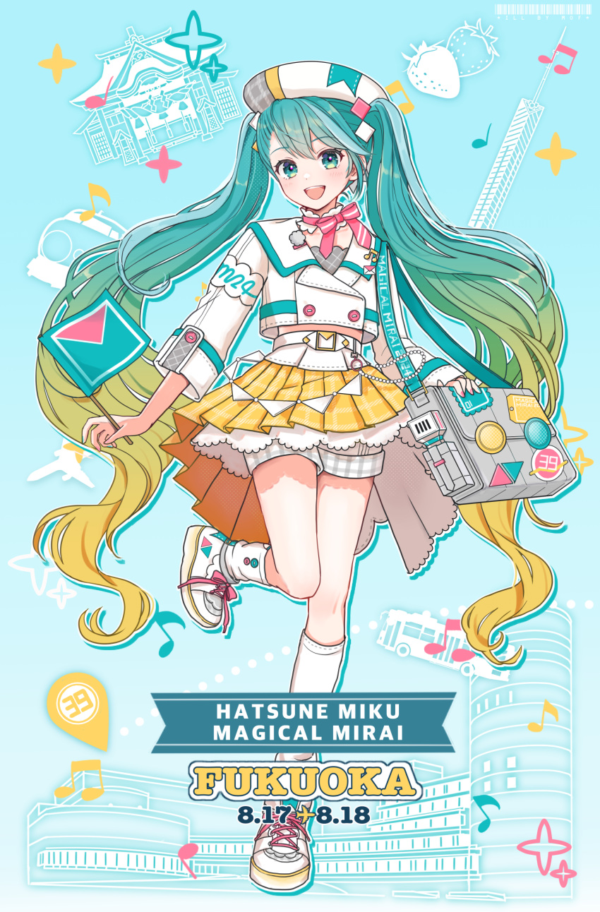 1girl, 39, :d, aqua_eyes, bag, belt, beret, blue_background