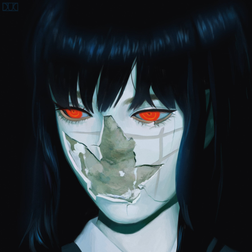 1girl, black_hair, black_pants, chainsaw_man, cracked_skin, demon_girl, ducnguyen21, highres