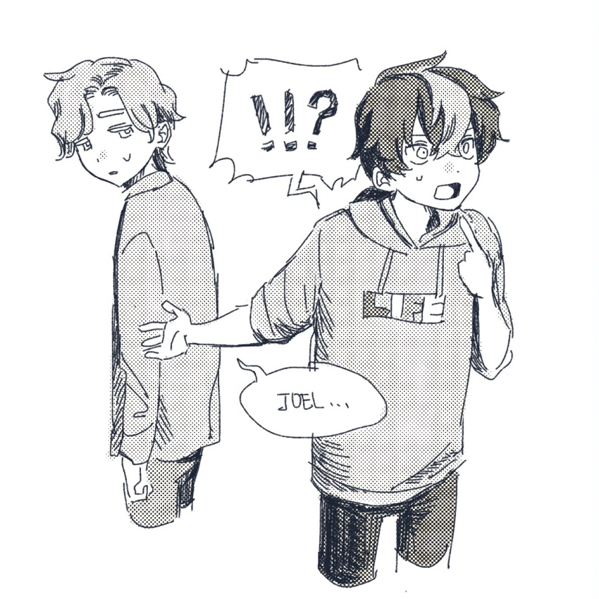 !?, 2boys, animification, english_text, greyscale, hood, hood_down, hoodie