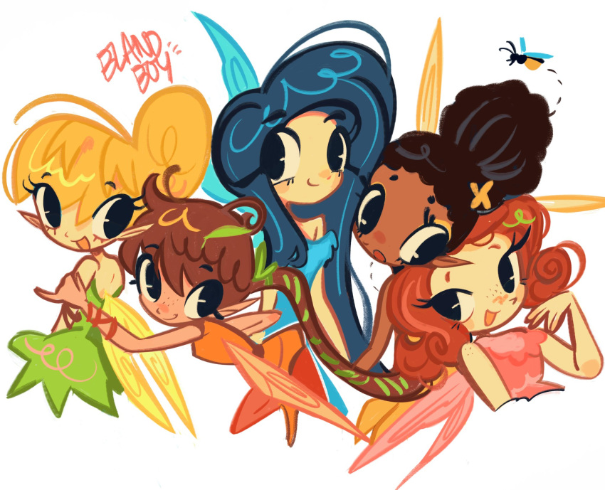5girls, black_eyes, blandboyx, blonde_hair, blue_dress, blue_hair, braid, breasts, brown_hair, bug, commentary, curly_hair, dark-skinned_female, dark_skin, disney_fairies_(film_series), dress, english_commentary, fairy, fairy_wings, fawn_(disney), fireflies, firefly, green_dress, hair_bun, highres, iridessa_(disney), long_hair, multiple_girls, pink_dress, pointy_ears, redhead, rosetta_(disney), signature, silvermist, simple_background, single_braid, single_hair_bun, tinker_bell_(disney), very_dark_skin, very_long_hair, white_background, wings