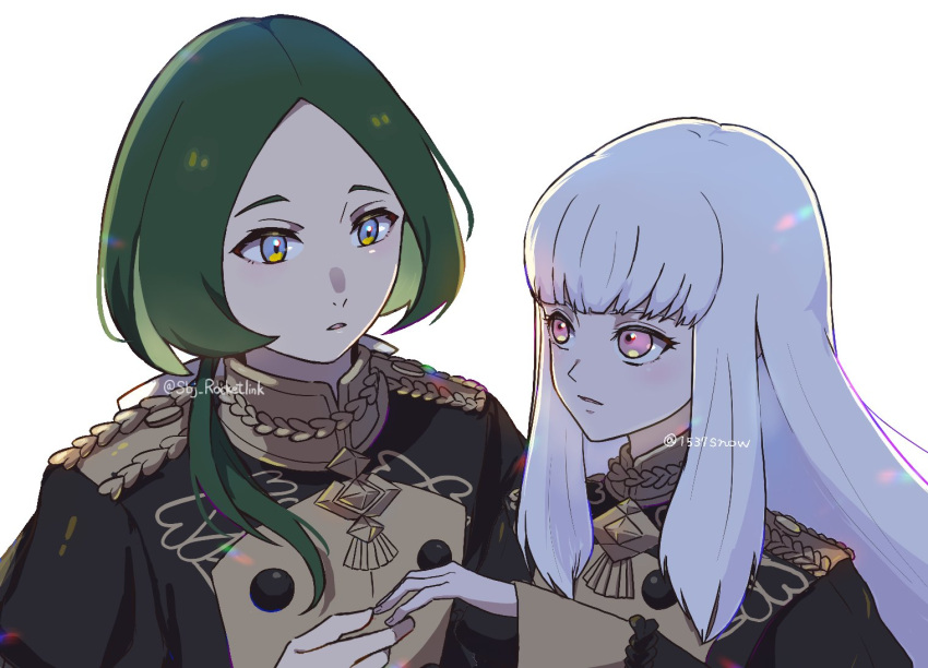 1537snow, 1boy, 1girl, couple, fire_emblem, fire_emblem:_three_houses, garreg_mach_monastery_uniform, green_hair, hetero, linhardt_von_hevring, looking_at_another, lysithea_von_ordelia, violet_eyes, white_hair