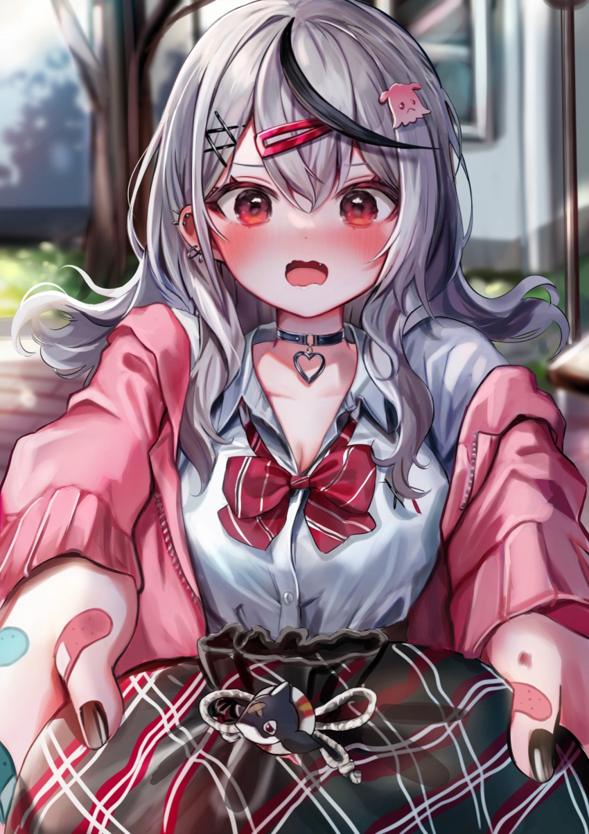 1girl, bandaid, bandaid_on_hand, black_choker, black_hair, black_nails, blush, choker