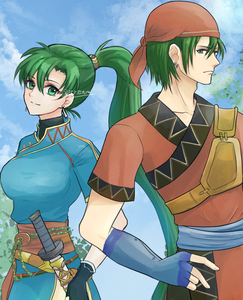 1537snow, 1boy, 1girl, blue_dress, dress, earrings, fingerless_gloves, fire_emblem