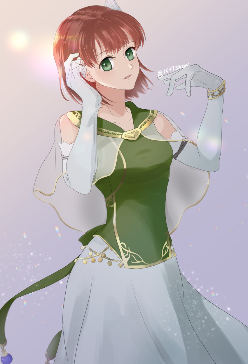 1537snow, 1girl, absurdres, bob_cut, cape, elbow_gloves, fire_emblem, fire_emblem:_the_blazing_blade, gloves, green_eyes, highres, looking_at_viewer, open_mouth, priscilla_(fire_emblem), redhead, short_hair, smile, solo, white_gloves, wing_hair_ornament, winged_hair_ornament