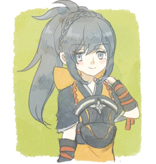 1girl, apron, armor, blue_hair, braid, brown_eyes, crown_braid, deqqqooon