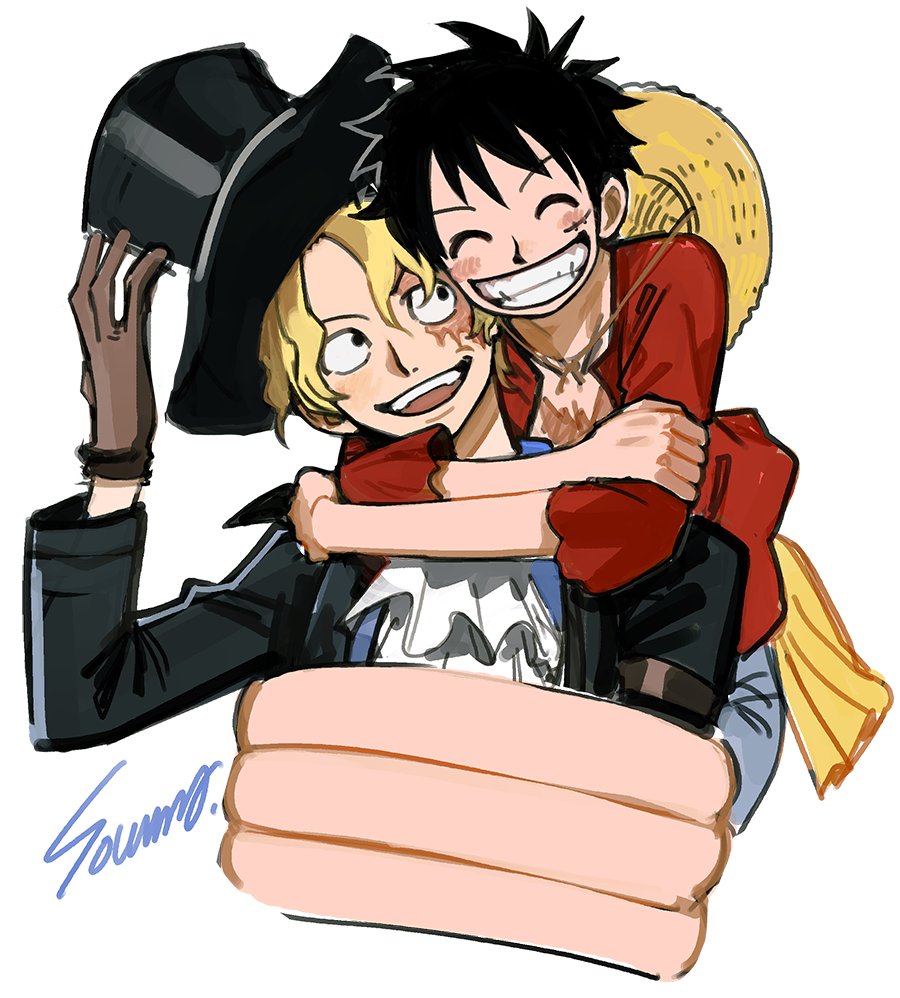 2boys, ^_^, ascot, black_coat, black_hair, black_hat, blonde_hair, blue_shirt