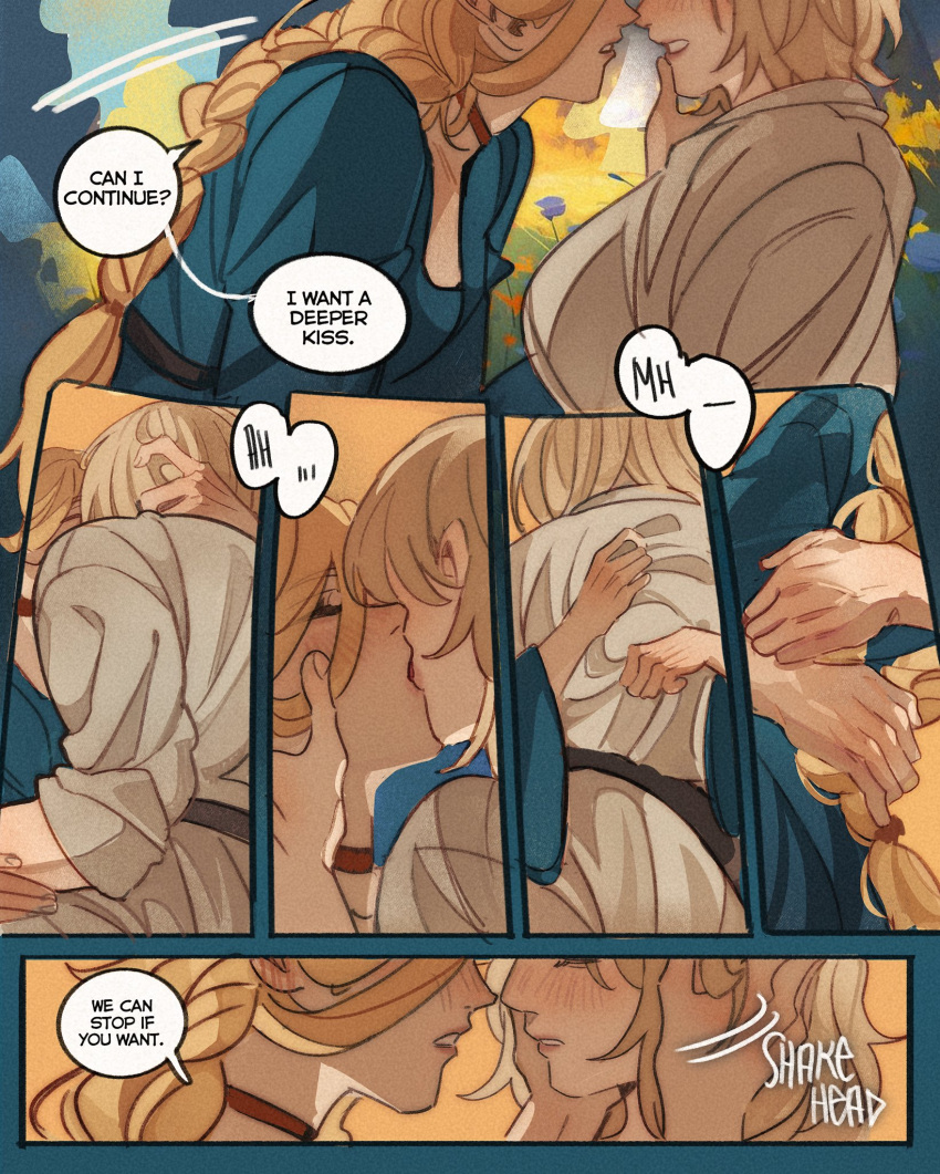 2girls, angrymiloras, belt, blonde_hair, blue_robe, blush, braid, braided_ponytail, choker, closed_eyes, commentary, dungeon_meshi, elf, english_commentary, english_text, falin_touden, falin_touden_(tallman), highres, kiss, long_hair, marcille_donato, multiple_girls, pointy_ears, red_choker, robe, short_hair, speech_bubble, tunic, white_tunic, yuri