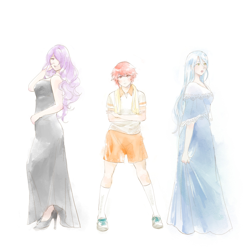 3girls, absurdres, alternate_costume, azura_(fire_emblem), bavaa, black_dress, blue_dress, blue_hair