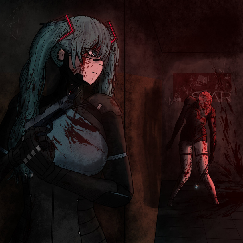 1girl, absurdres, android, blood, blood_in_hair, blood_on_body, blood_on_face, blood_splatter