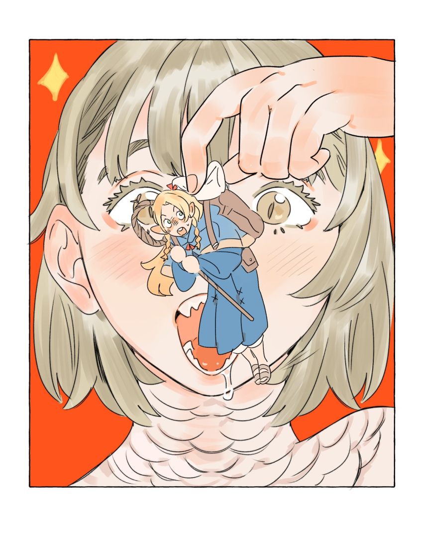 2girls, ambrosia_(dungeon_meshi), backpack, bag, bedroll, belt_pouch, blonde_hair, blue_capelet