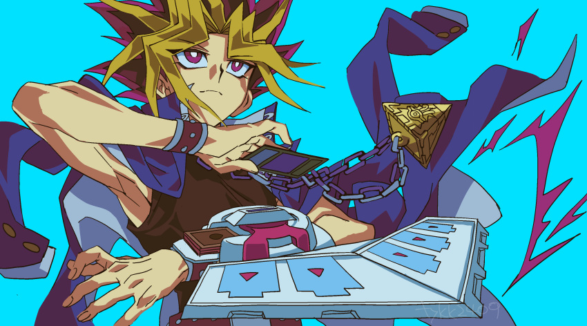 1boy, blue_background, blue_jacket, card, closed_mouth, duel_disk, highres, holding