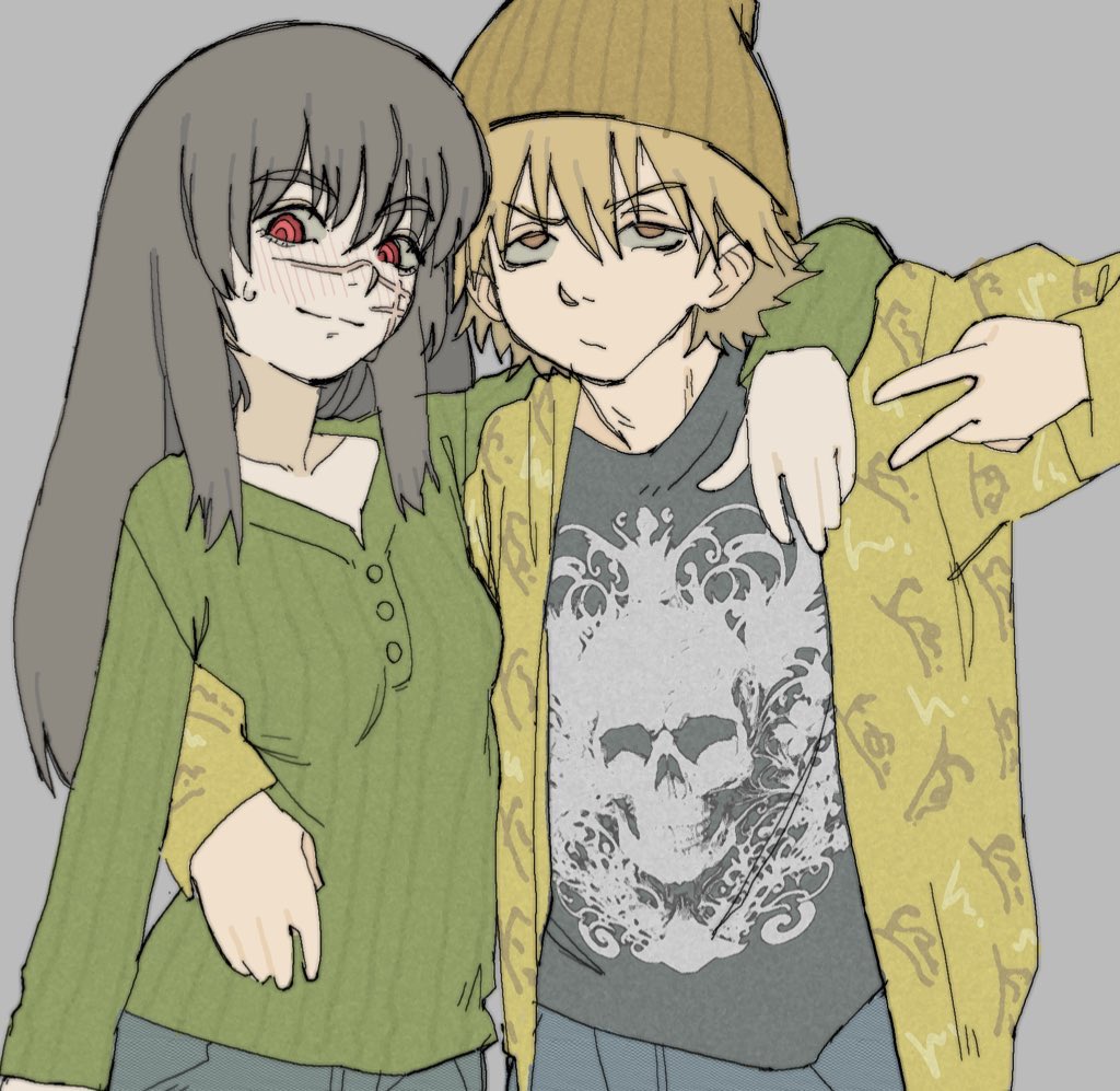 1boy, 1girl, arm_around_neck, arm_around_waist, beanie, black_shirt, blonde_hair, blur_layer