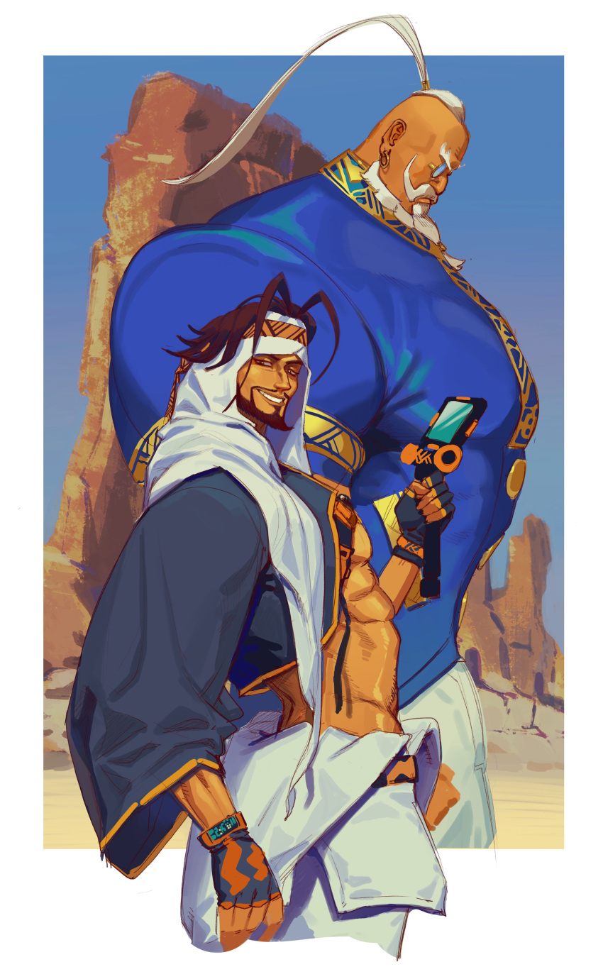 2boys, a_tai, abs, absurdres, action_camera, arabian_clothes, arm_up, azam_(street_fighter)