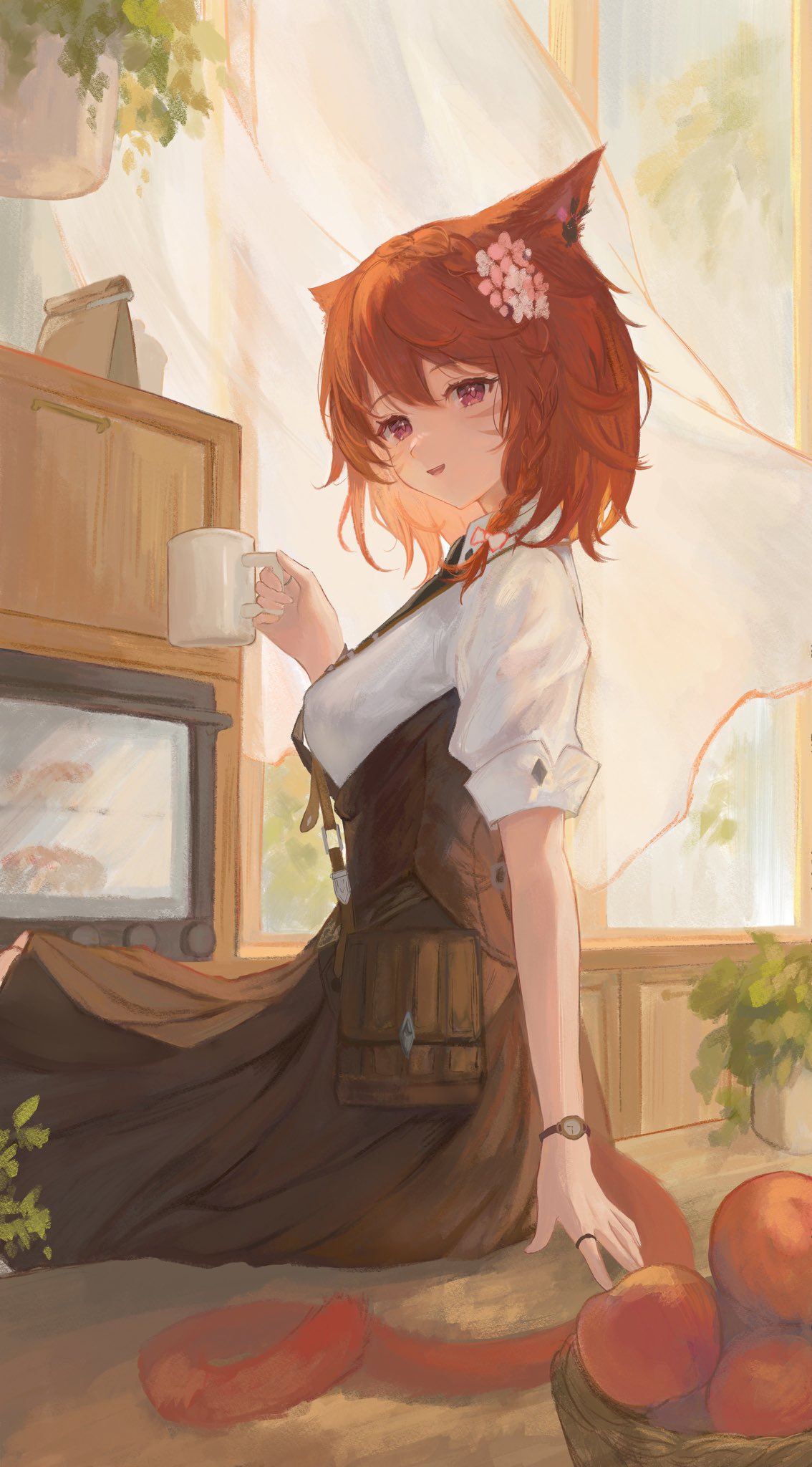 1girl, animal_ears, apple, bag, braid, brown_hair, brown_skirt, cat_ears, cat_girl, cat_tail, cup, curtains, facial_mark, final_fantasy, final_fantasy_xiv, flower, food, fruit, hair_flower, hair_ornament, highres, holding, holding_cup, jewelry, medium_hair, miqo'te, necktie, noyuri_(noyuriin), oven, plant, potted_plant, ring, shirt, short_sleeves, shoulder_bag, single_braid, sitting, skirt, spriggan_(final_fantasy), tail, vest, violet_eyes, waistcoat, watch, whisker_markings, white_shirt
