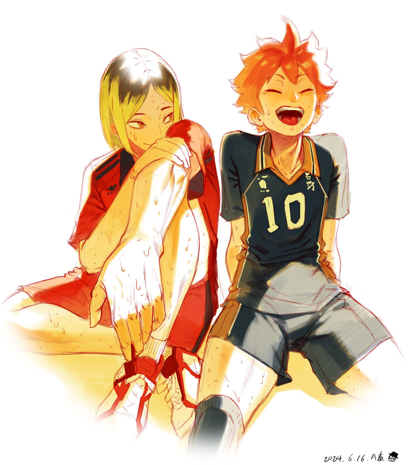 2boys, a_tai, arm_on_knee, arm_support, blonde_hair, closed_eyes, closed_mouth, commentary