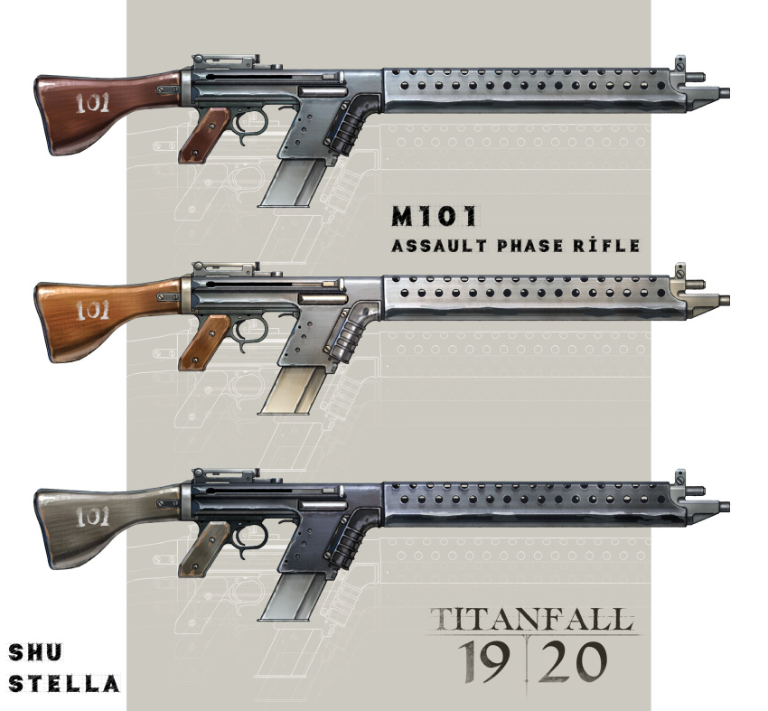 absurdres, artist_name, assault_rifle, from_side, gun, highres, no_humans, r-101c_carbine, redesign, rifle, shu-stella, titanfall, titanfall_(series), variations, weapon, weapon_focus
