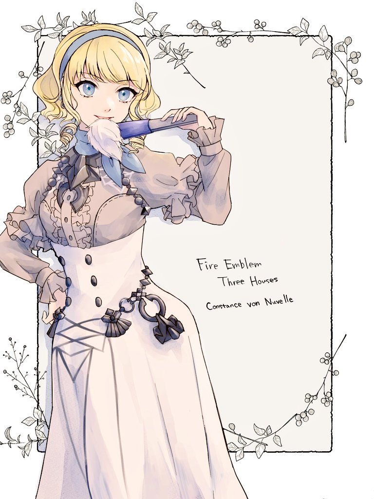 1girl, blonde_hair, colored_inner_hair, constance_von_nuvelle, drill_hair, drill_sidelocks, fire_emblem, fire_emblem:_three_houses, garreg_mach_monastery_uniform, hairband, hand_fan, holding, holding_fan, jewelry, magurodon88, multicolored_hair, purple_hair, purple_hairband, scarf_choker, sidelocks, two-tone_hair
