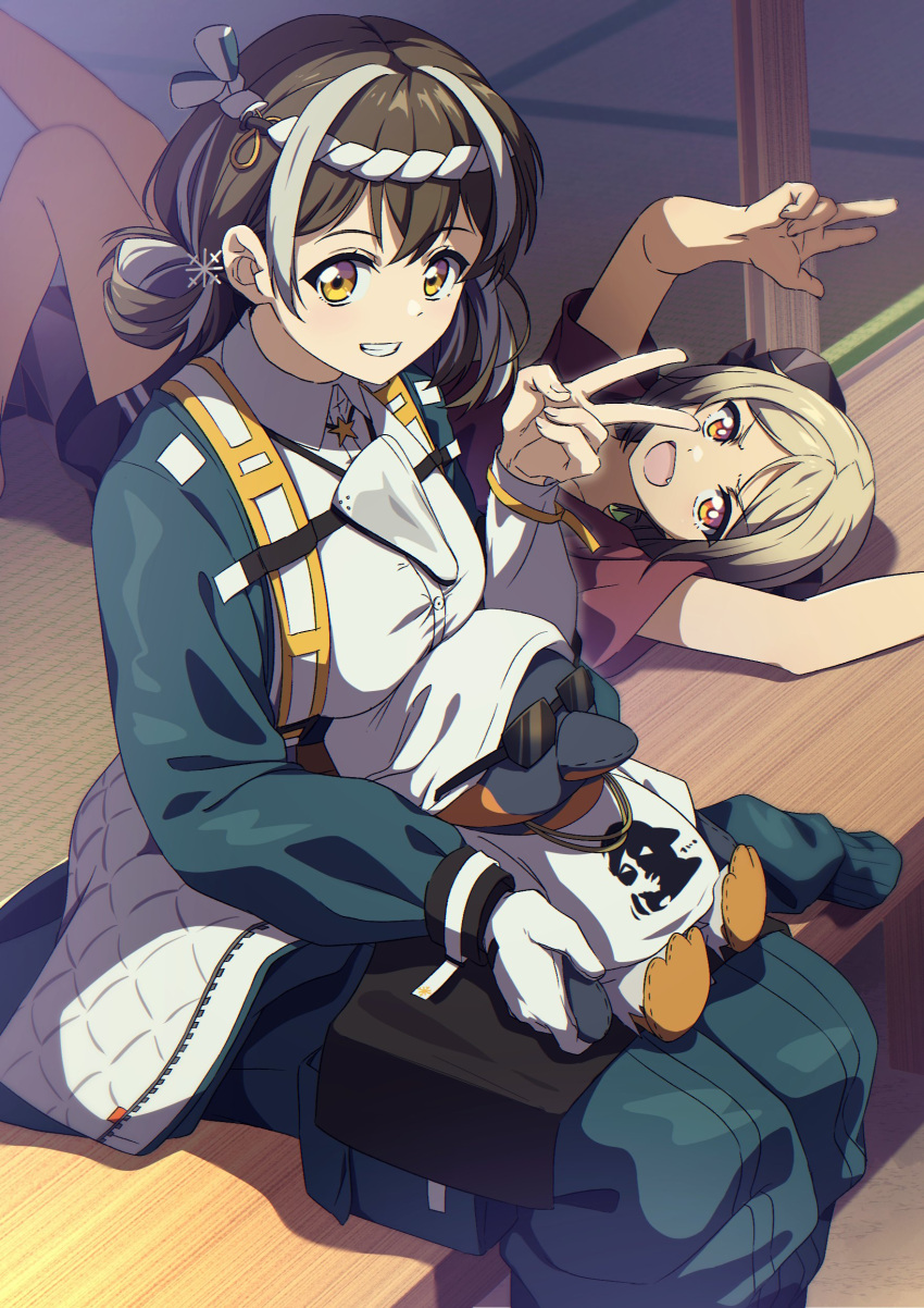 2girls, absurdres, arknights, black_shirt, blonde_hair, blue_jumpsuit, breasts, brown_hair