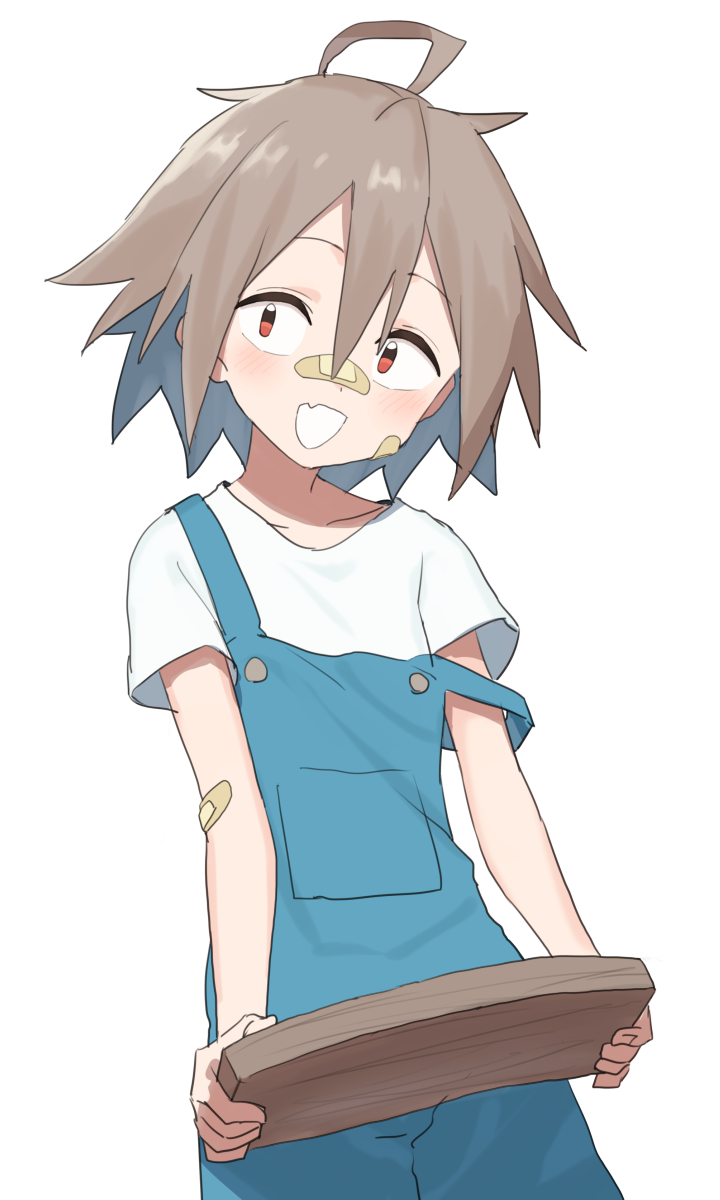 1girl, ahoge, bandaid, bandaid_on_arm, bandaid_on_face, bandaid_on_nose, blue_overalls, brown_hair