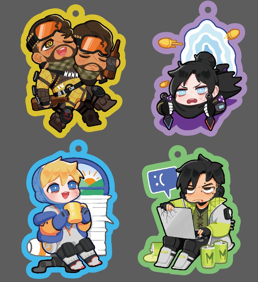 2boys, 2girls, animification, annoyed, apex_legends, black_gloves, black_pants, black_sclera