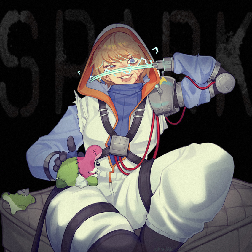 1girl, apex_legends, arm_blade, black_footwear, blue_eyes, blue_gloves, blue_sweater, boots