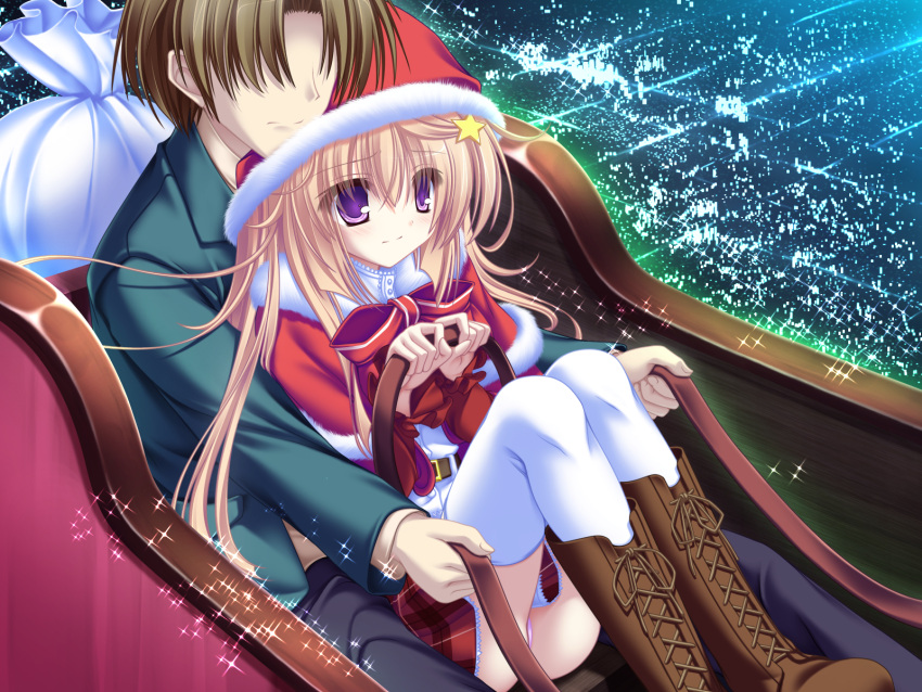 blonde_hair, christmas, game_cg, meri_chri, mikagami_mamizu, night, purple_eyes, santa_costume