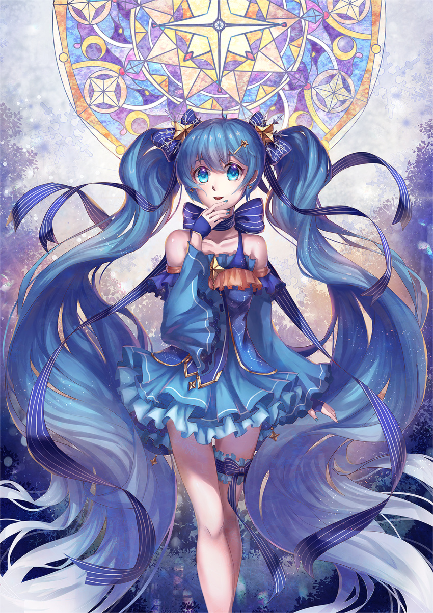 1girl, aqua_eyes, black_bow, blue_dress, blue_eyes, blue_hair, blue_sleeves, bow