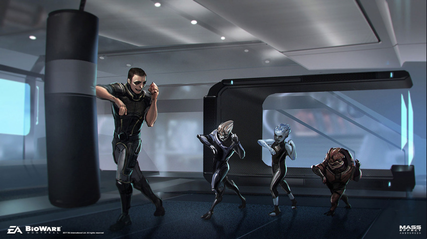 1girl, 3boys, alien, asari_(mass_effect), ben_lo, bioware, black_bodysuit, black_hair