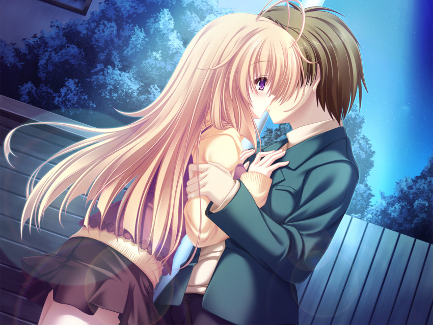 blonde_hair, game_cg, kiss, meri_chri, mikagami_mamizu, night, purple_eyes, seiya_mashiro