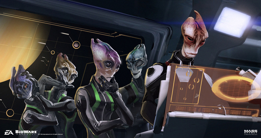 1boy, 4others, ^_^, alien, ben_lo, bioware, black_bodysuit, black_eyes