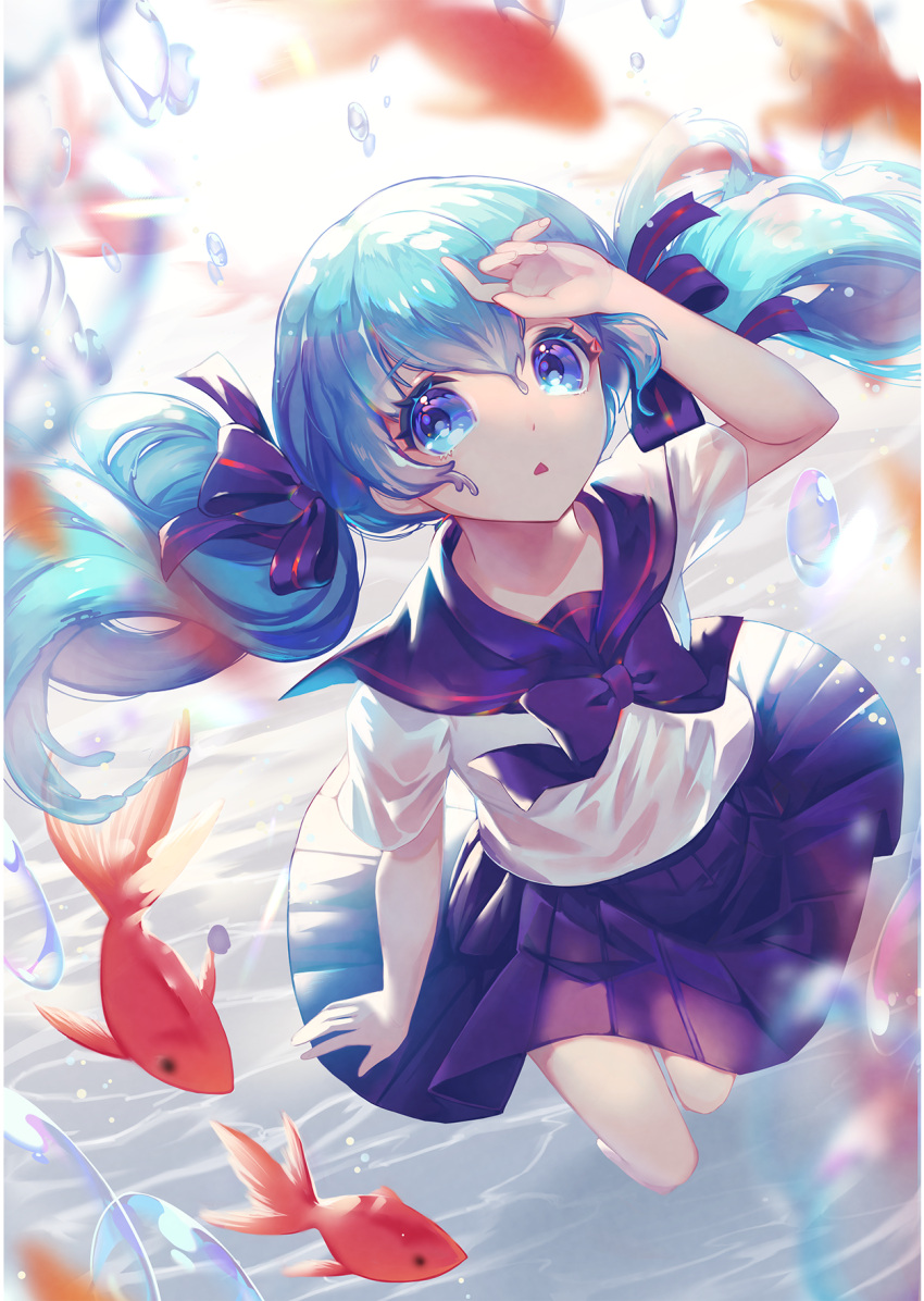 1girl, :<, aqua_hair, black_ribbon, blue_eyes, bottle_miku, bow, bowtie