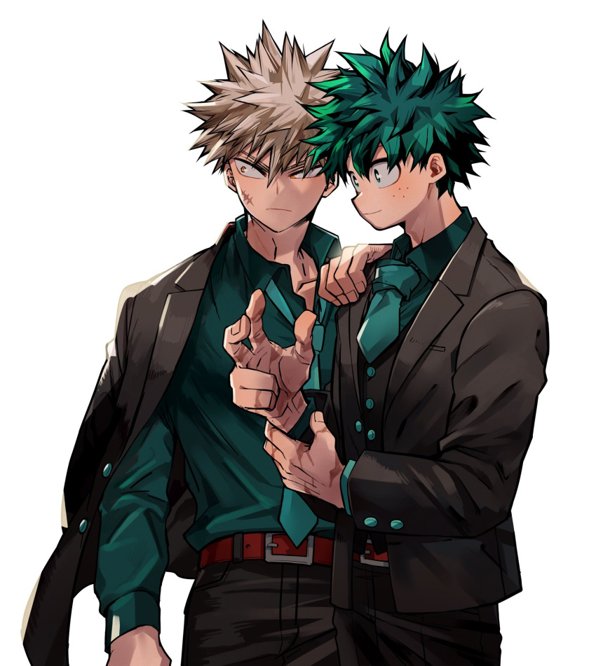 2boys, bakugou_katsuki, belt, belt_buckle, black_jacket, black_pants, black_suit, blonde_hair, boku_no_hero_academia, buckle, buttons, chiyaya, closed_mouth, collared_shirt, cowboy_shot, dress_shirt, freckles, green_eyes, green_hair, green_necktie, green_shirt, hair_between_eyes, hand_on_another's_shoulder, hand_out_of_frame, hands_up, highres, jacket, jacket_on_shoulders, lapels, layered_clothes, layered_sleeves, light_frown, long_sleeves, looking_to_the_side, male_focus, midoriya_izuku, multiple_boys, multiple_scars, necktie, official_alternate_costume, open_collar, orange_eyes, pants, red_belt, scar, scar_on_cheek, scar_on_face, scar_on_hand, scar_on_hands, shirt, sideways_glance, simple_background, sleeve_cuffs, smile, spoilers, suit, suit_jacket, undone_necktie, white_background
