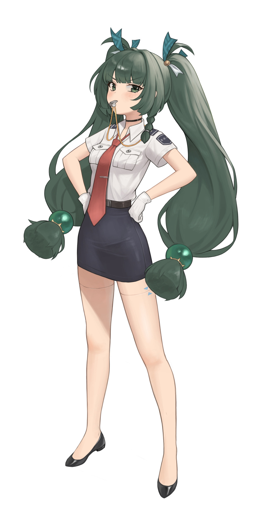 1girl, absurdres, android, dang_geun23283, gloves, green_hair, highres, long_hair, looking_at_viewer, necktie, pencil_skirt, police, police_uniform, policewoman, qingyi_(zenless_zone_zero), skirt, twintails, uniform, whistle, zenless_zone_zero