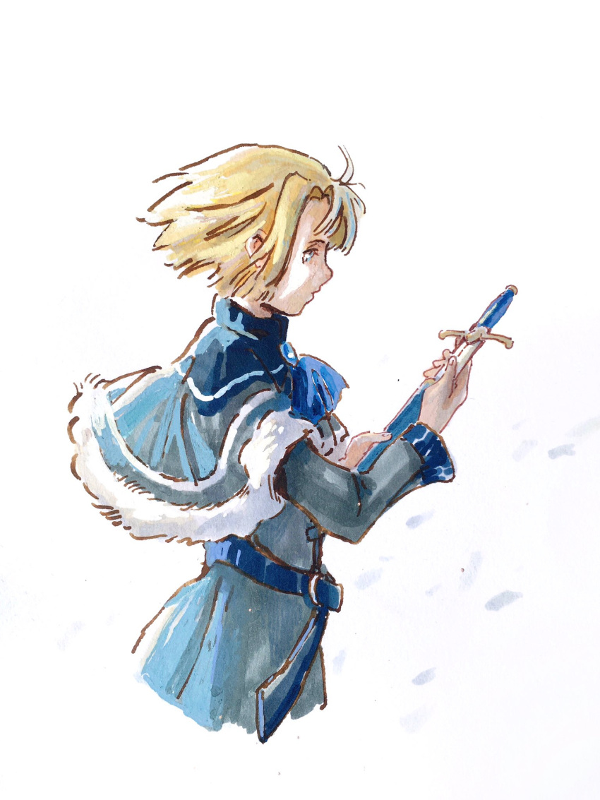 1boy, aged_down, arms_up, ascot, belt, blonde_hair, blue_ascot, blue_belt