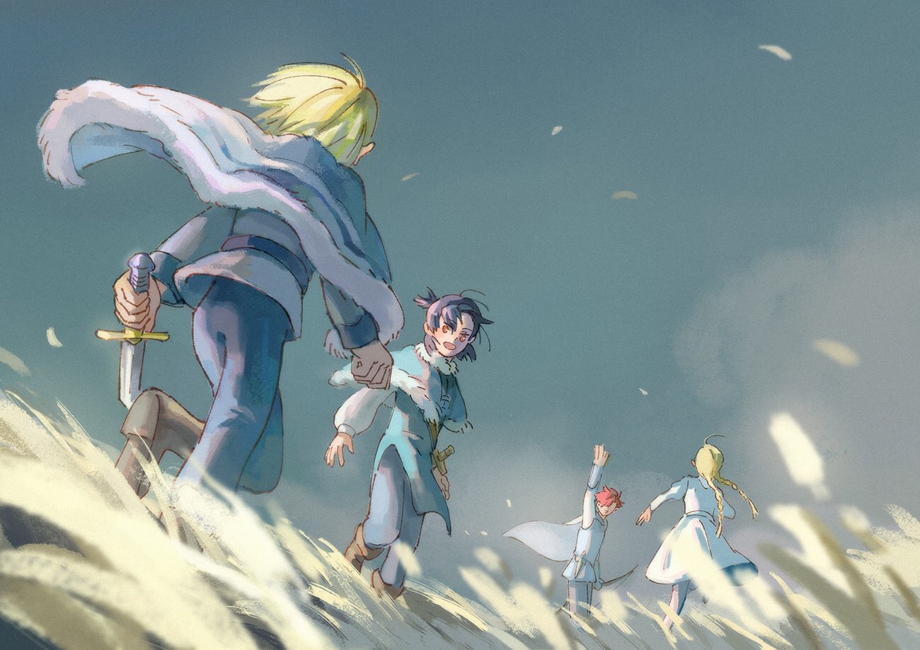 1girl, 3boys, aqua_capelet, aqua_tunic, arm_up, blonde_hair, blue_capelet, blue_dress
